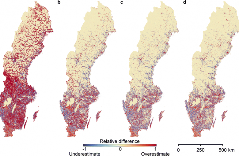 Relative difference between LandScan estimated population and the known population. a LandScan 2000, b LandScan 2005, c LandScan 2010, d LandScan 2015