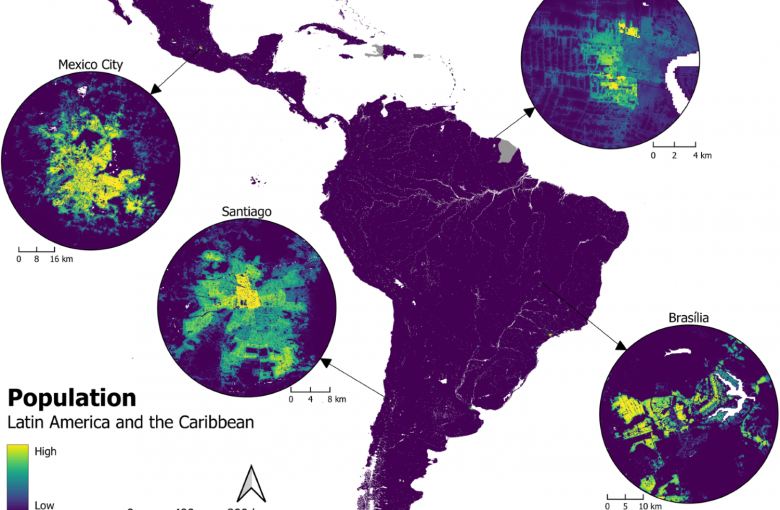 Map showing estimated people per grid cell for 40 countries in Latin America and the Caribbean. Fitted using all base covariates including built area layers