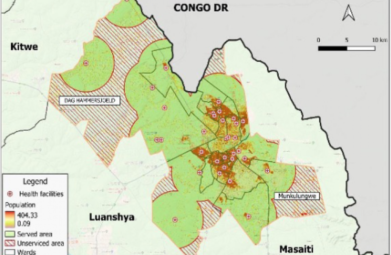 Map showing Gap Analysis for Health Service in Ndola District