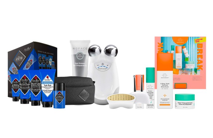 A Jack Black skincare set, NuFACE device, and Drunk Elephant set