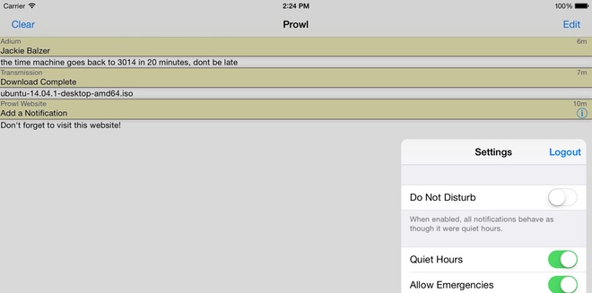 Prowl running on the iPad with its native interface.