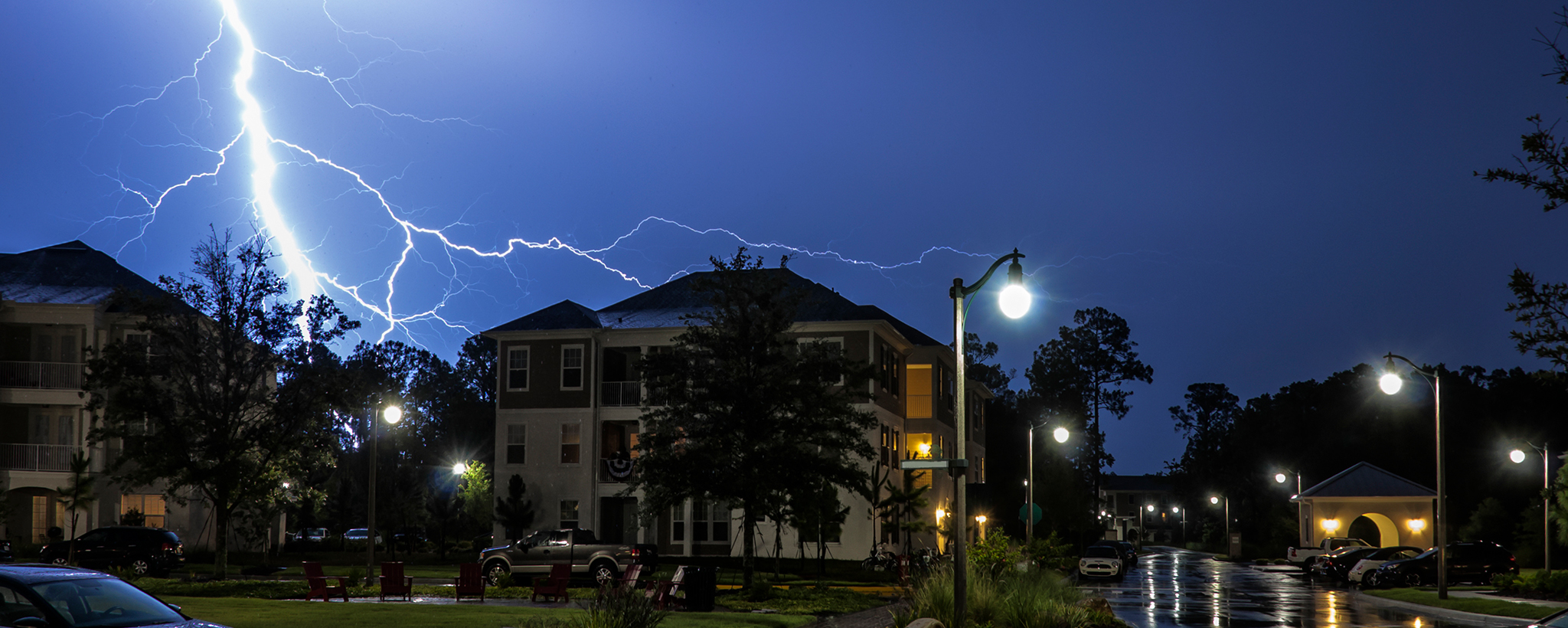 Lightning strikes behind a house