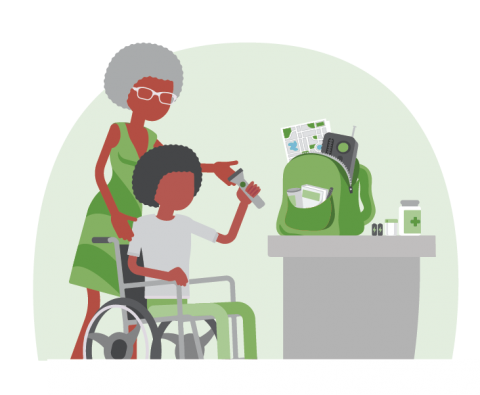 Illustration of a boy in a wheelchair and his grandmother making an emergency supply kit.