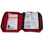 Open First Aid Kit with Guides for First Aid, Emergency Action Steps, and Minor Wounds, and First Aid Items in Clear Vinyl Pockets.