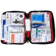 Deluxe Family First Aid Kit, Open, with Bandages, Tweezers, Gauze, Gloves, First Aid Guide, Cleaning Wipes, and More Inside the Case.