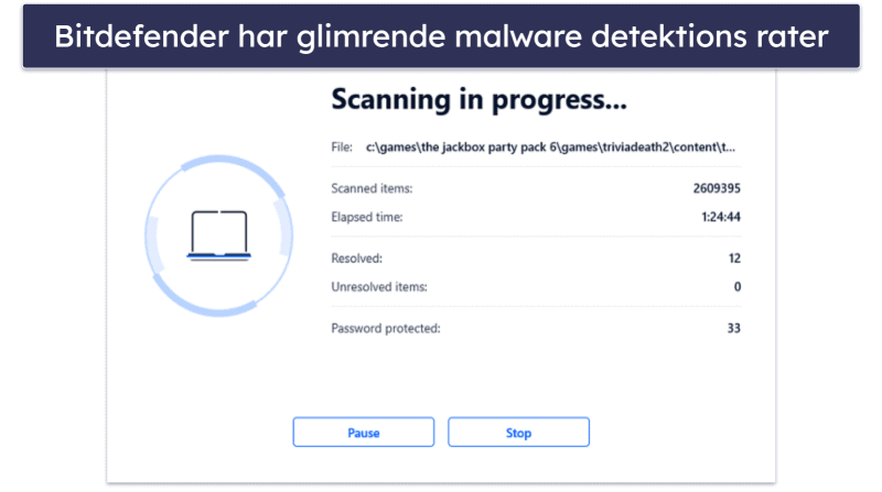 🥈2. Bitdefender Total Security — Bedst til letvægts scanning + Masser af ekstra funktioner