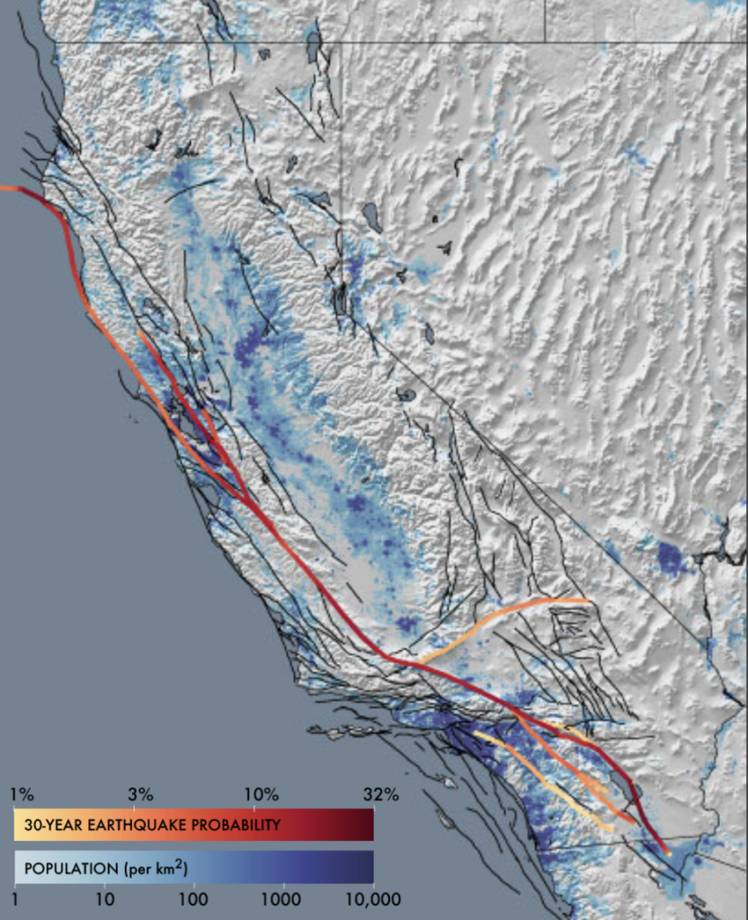 Map of California with population centers and 30-year earthquake probability displayed by color.