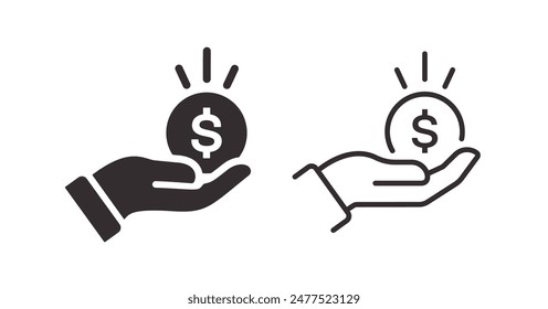 Icon of a hand holding a glowing dollar symbol, symbolizing financial insight and valuable investments. Vector illustration. เวกเตอร์สต็อก