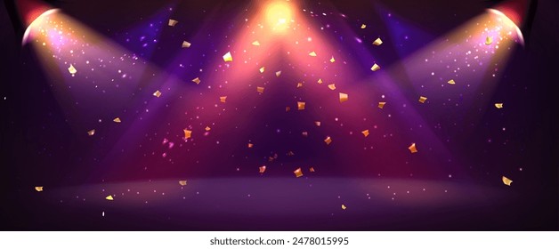 Pink spotlight stage background. Disco party projector light concert or show scene. Magic beam glow for nightclub or award winner with confetti glitter. Congratulation performance bg for celebrity, vector de stoc