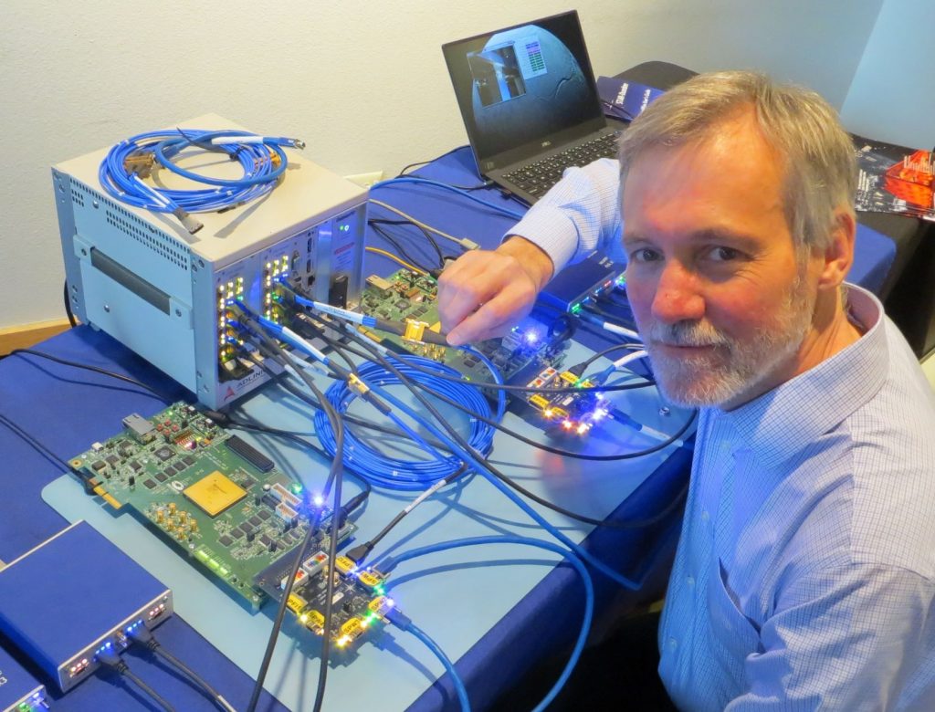 The first prototype SpaceFibre system being demonstrated by Steve Parkes in USA in 2017.