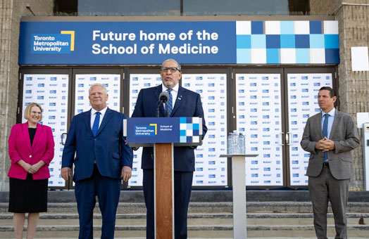 President and Vice-Chancellor Mohamed Lachemi (centre), and from left, Deputy Premier and Minister of Health Sylvia Jones, Premier Doug Ford and Patrick Brown, mayor of the City of Brampton