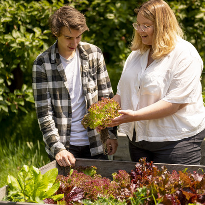 Zwei junge Menschen stehen vor einem Hochbeet mit Salat und halten einen gepflückten Salatkopf in der Hand