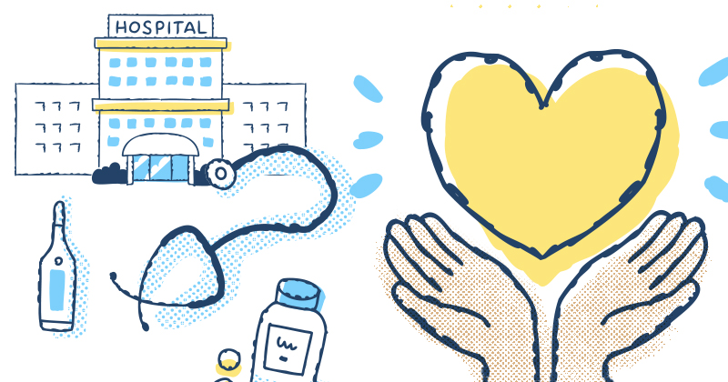 Whimsical image of hospital, helping hands and cartoon heart