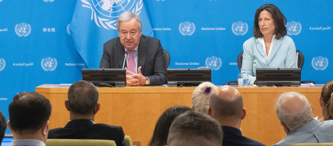 Secretary-General António Guterres (left) speaks to the press at the launch of the UN Global Principles on Information Integrity. UN Photo/Eskinder Debebe