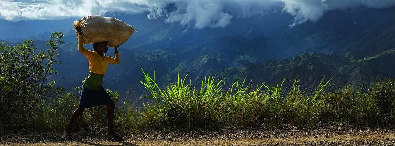 A girl carries a bag of produce to sell in the mountains outside of Port au Prince, Haiti.