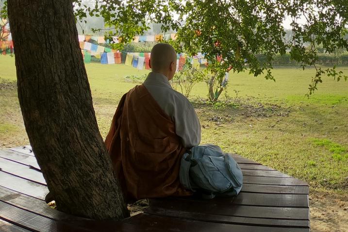 Un moine médite dans le jardin sacré de Lumbini, lieu de naissance du Bouddha.