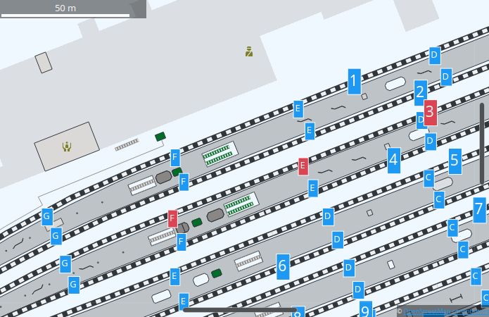 Train station map in KDE Itinerary, highlighting relevant platform sections.