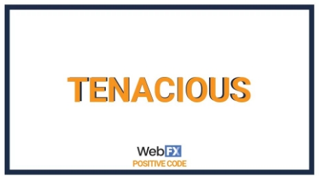 The word 'TENACIOUS' in orange capital letters centered on a white background, with the logo and text 'WebFX POSITIVE CODE' in smaller font below.