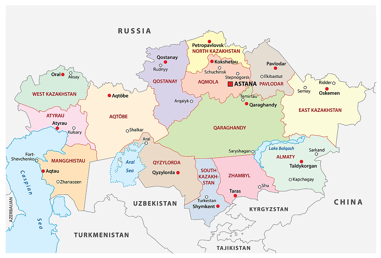 Political Map of Kazakhstan showing the 14 administrative regions and 4 cities and the capital city of Nur Sultan (known as Astana between 1998 and 2019)