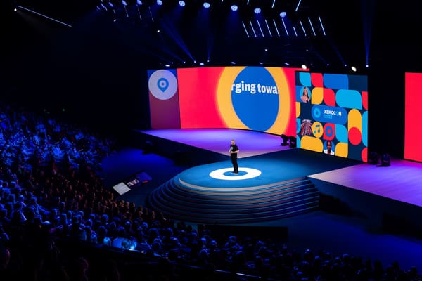 Xero’s chief executive officer Steve Vamos makes a product announcement at a gathering.