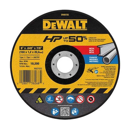 DEWALT Abrasive Cut-Off Wheel, Type 1, 6 in x 0.045 in x 7/8 in, Aluminum Oxide, 60 Grit, A60T DW8725