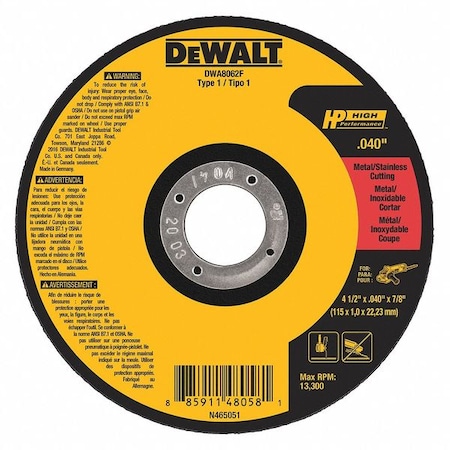 DEWALT Abrasive Cut-Off Wheel, Type 1, 4 1/2 in x 0.04 in x 7/8 in, Aluminum Oxide, 60 Grit, A60T DWA8062F