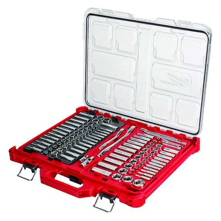 Milwaukee Tool Ratchet & Socket Set, 1/4 in, 3/8 in Drive Size, 90 Geared Teeth, Metric, SAE, 106-Piece 48-22-9486