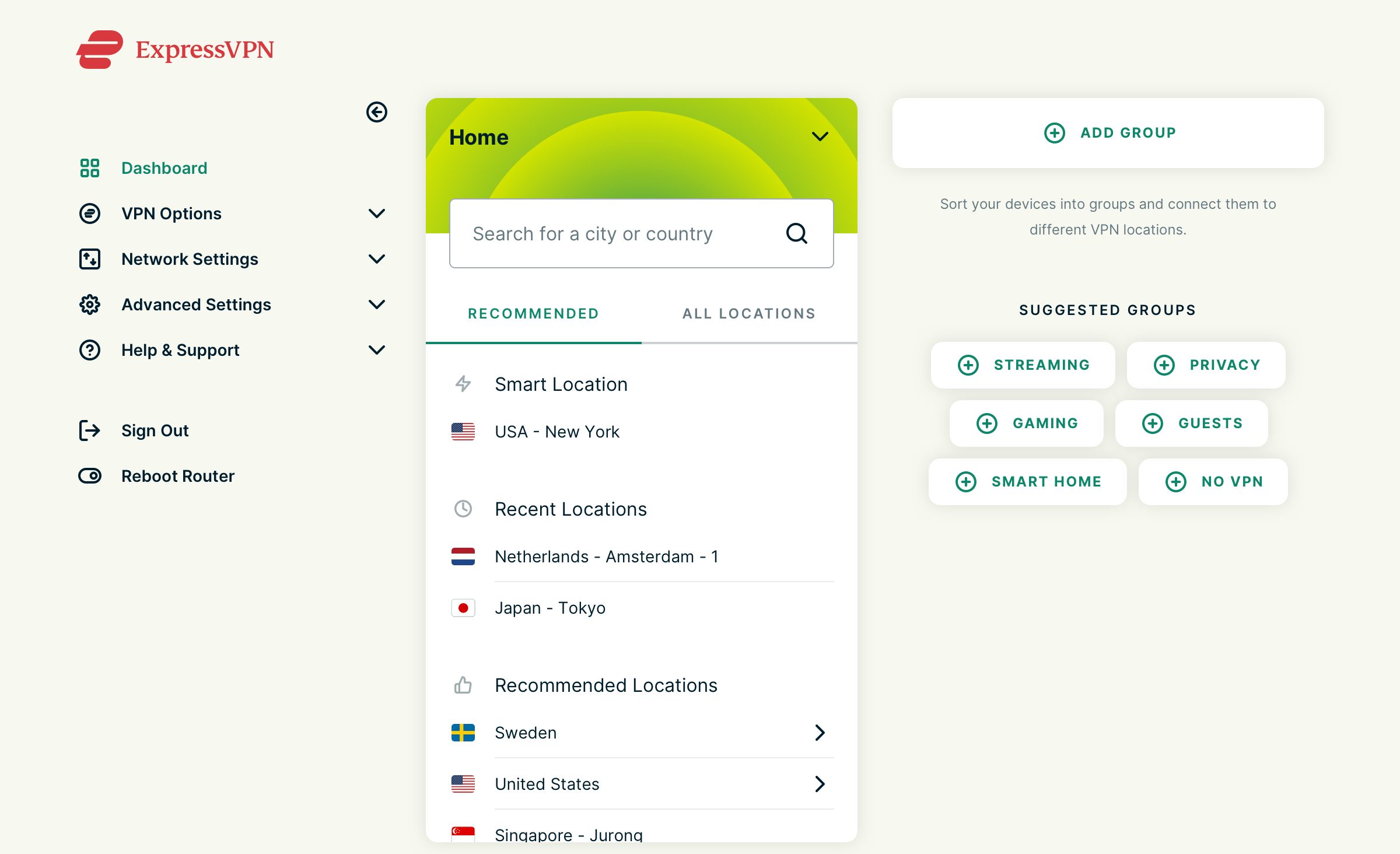 ExpressVPN-app for lokasjonvelger for rutere