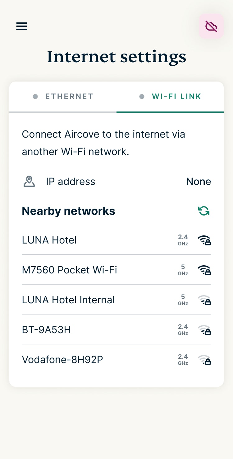 Aircove Go - Internet Settings - List of Wi-Fi networks