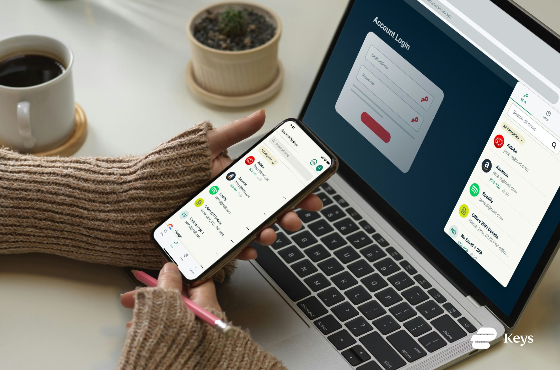 Phone and laptop showing the ExpressVPN Keys UI