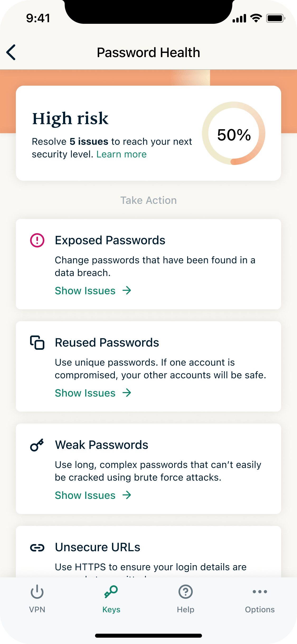 ExpressVPN Keys Password Health high risk screenshot.