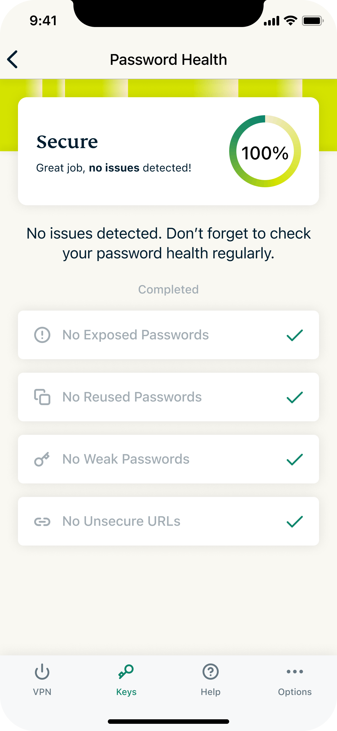 Screenshot of ExpressVPN Keys Password Health secure.