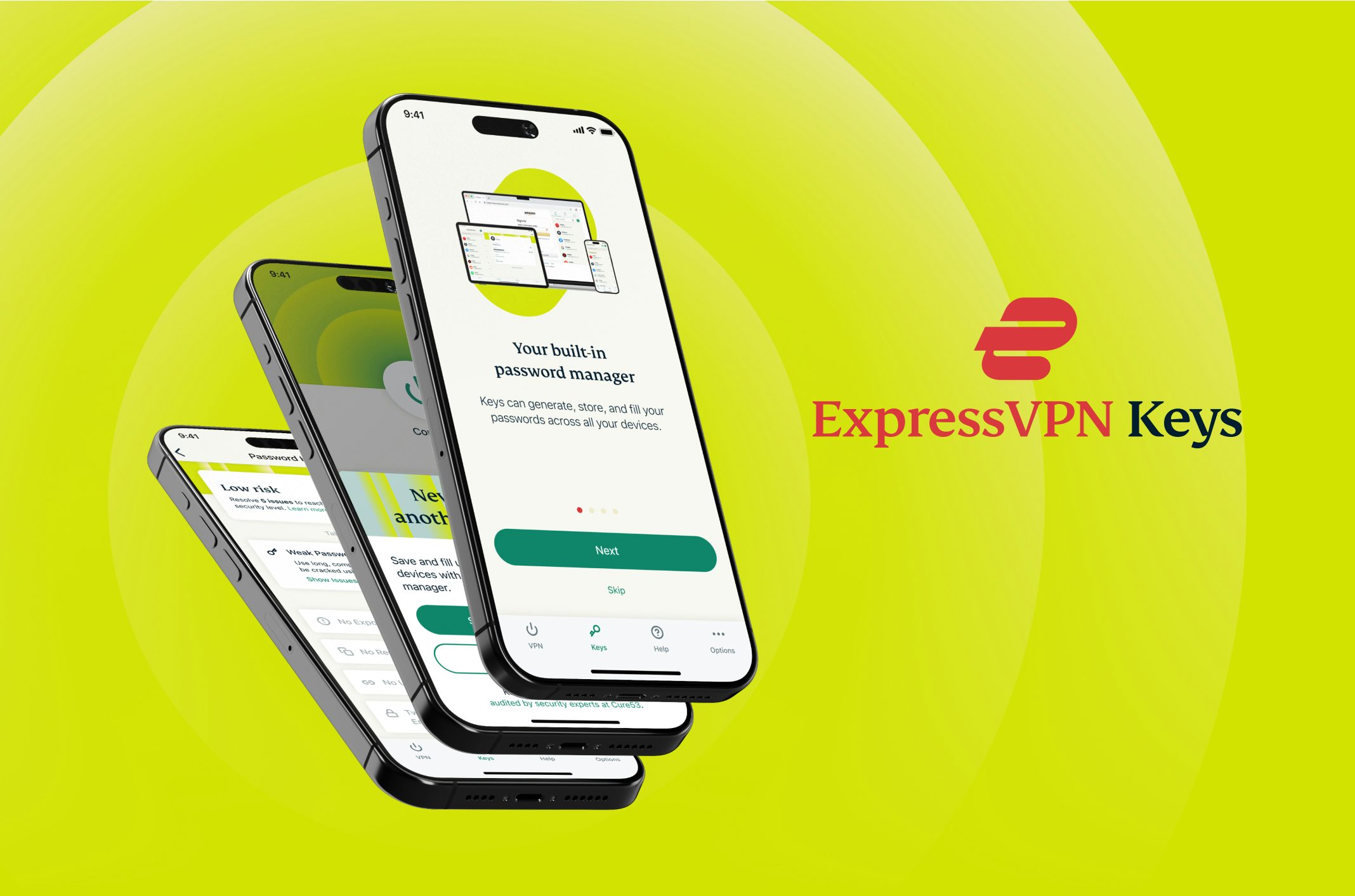 Phones showing various ExpressVPN Keys screens