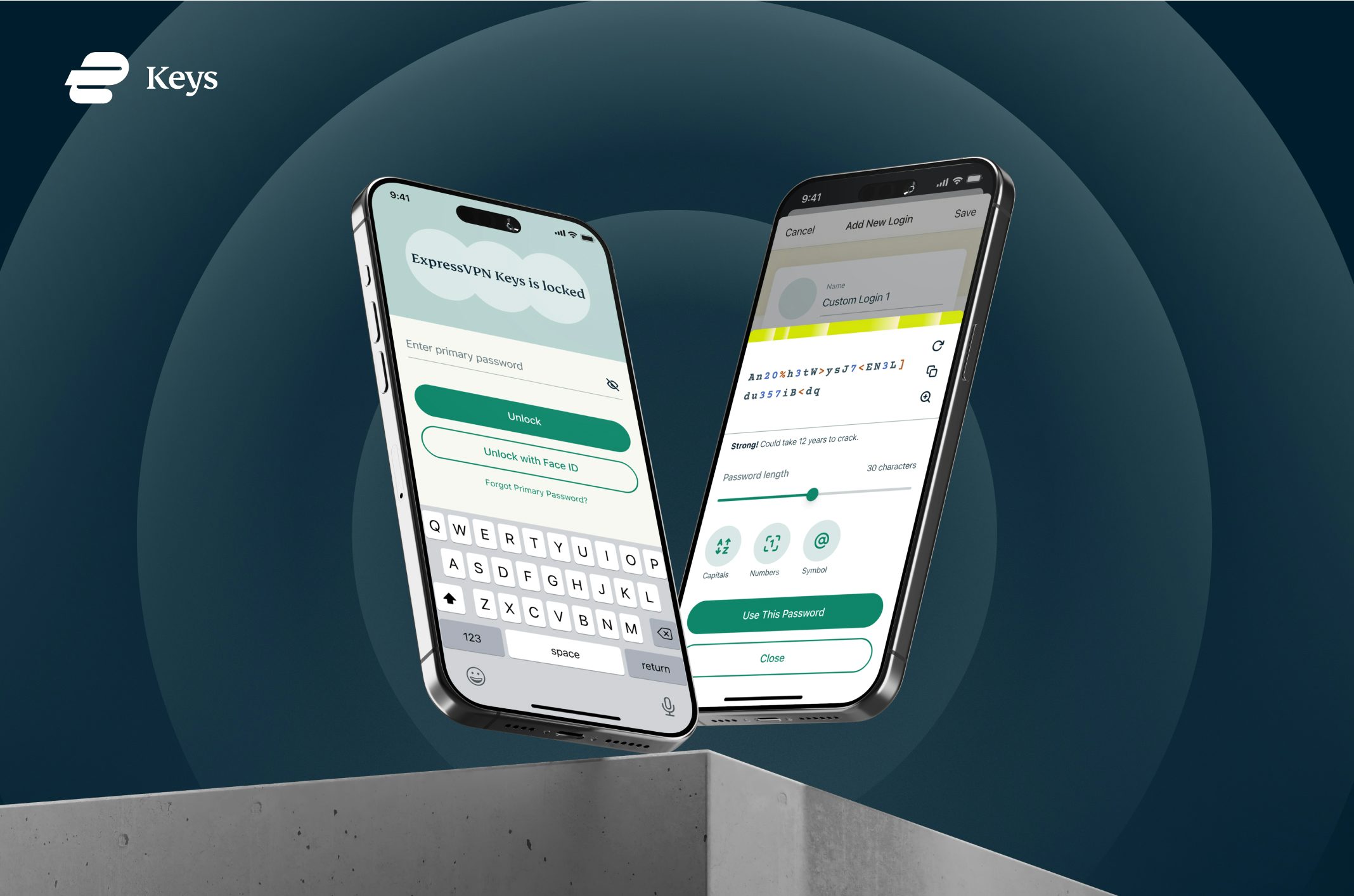 Phones showing the ExpressVPN Keys locked screen and custom password generator