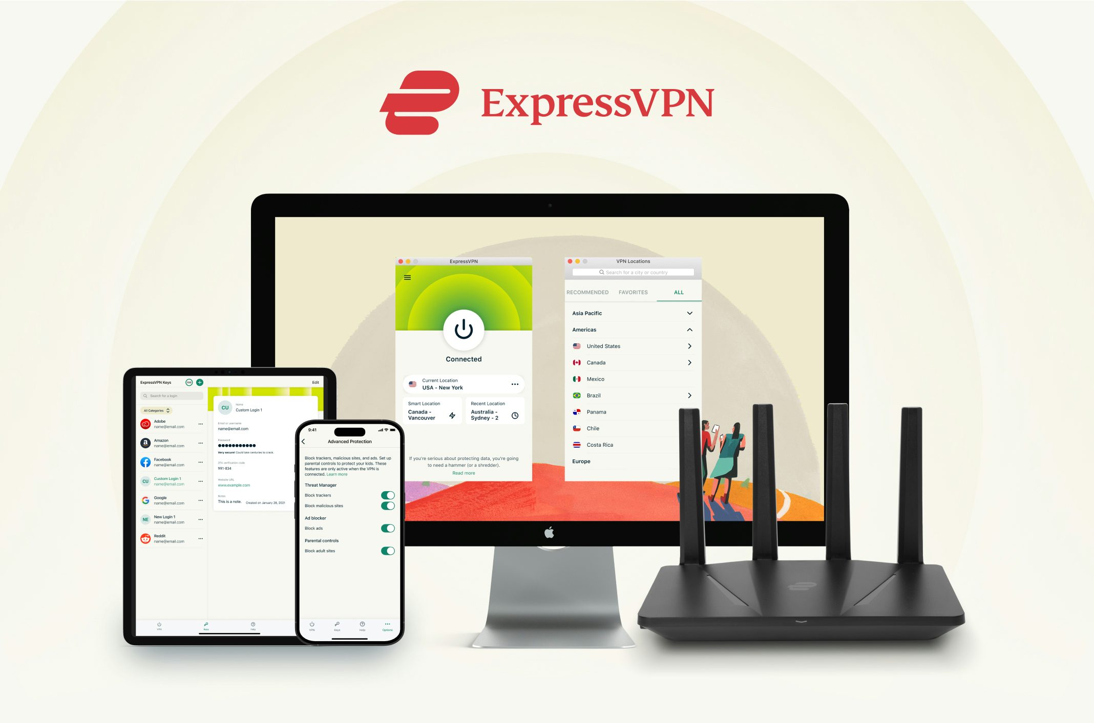 Devices showing ExpressVPN Keys and other screens