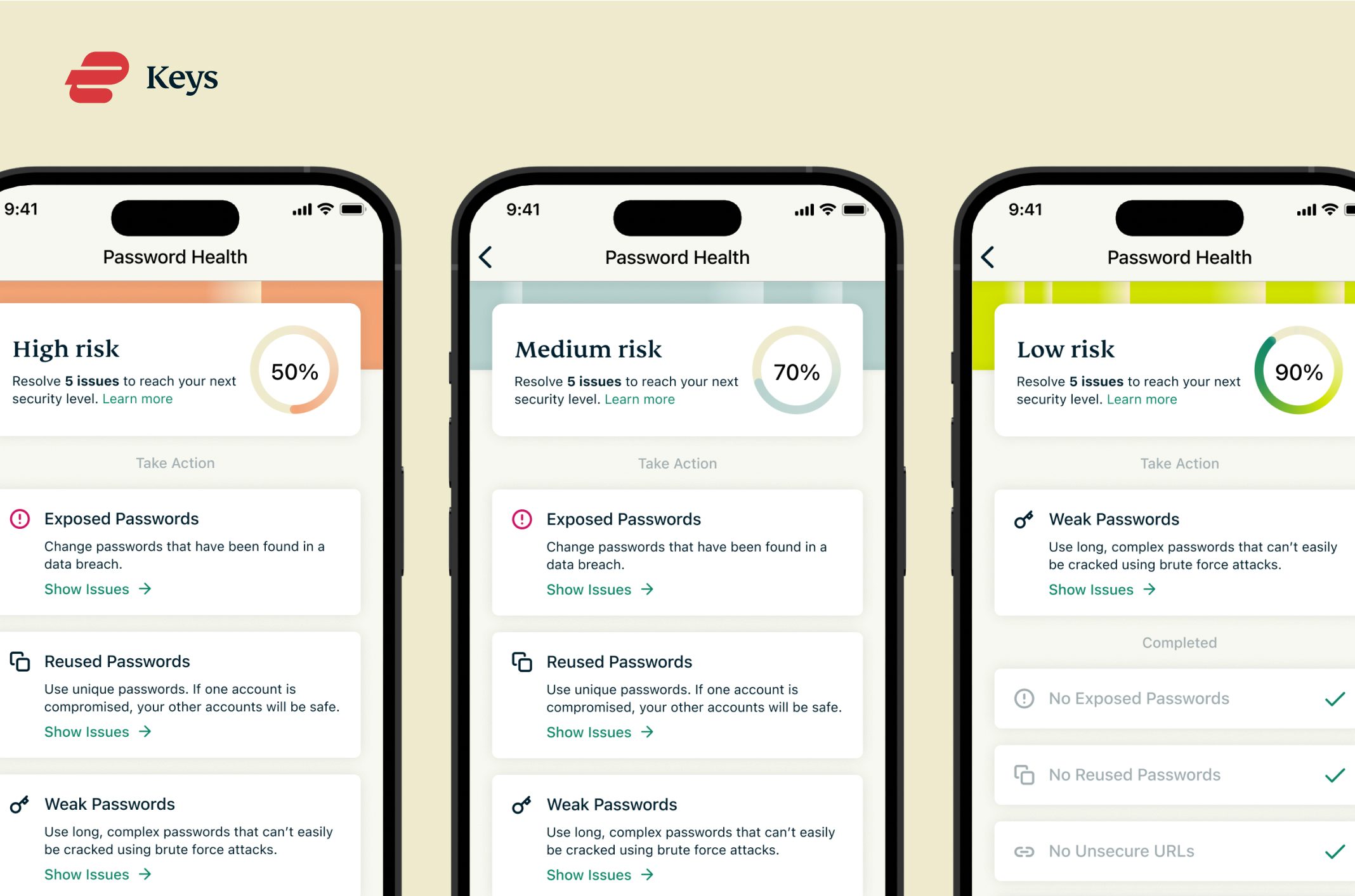 ExpressVPN Keys' Password Health screens showing low to high risk.