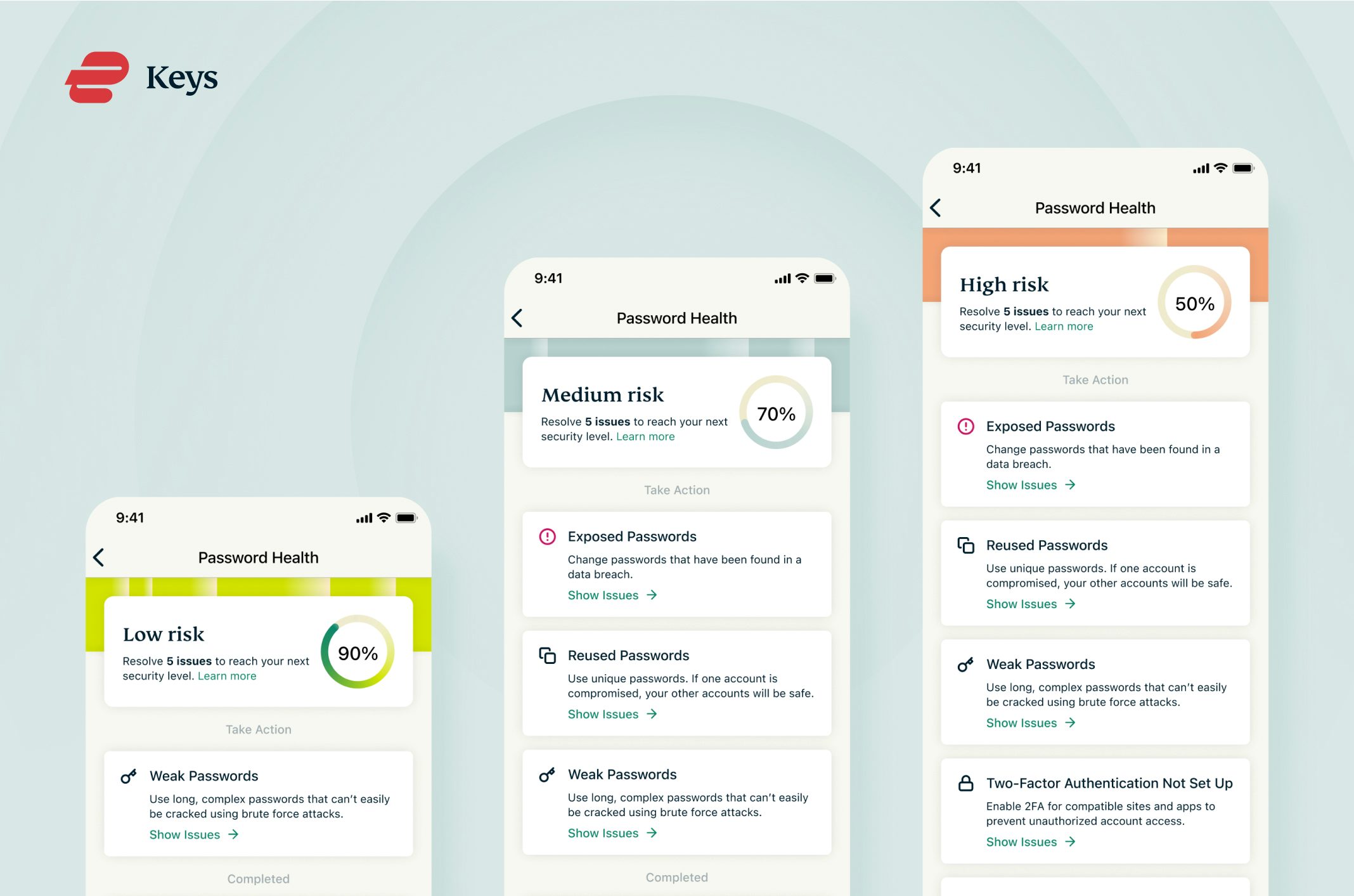ExpressVPN Keys' Password Health screens showing low to high risk.