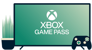 Screen with Xbox Game Pass logo, controller, and plant