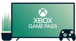 Skærm med Xbox Game Pass-logo, controller og plante