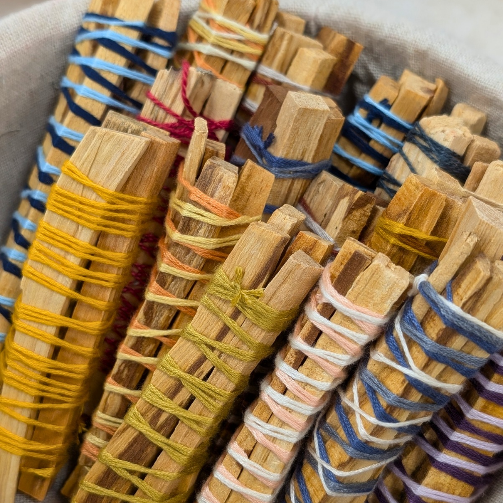 Palo Santo is a sacred wood that  originates from Peru. The sweet and welcoming aroma of palo Santo is a great aromatic purifier of your home, aura or crystals . We split and hand wrap these bundles to optimize your experience 