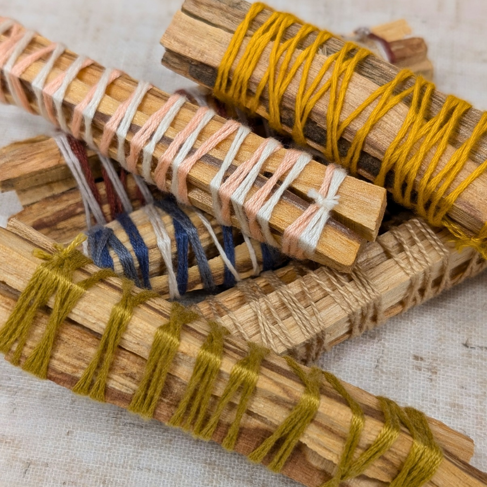 Palo Santo is a sacred wood that  originates from Peru. The sweet and welcoming aroma of palo Santo is a great aromatic purifier of your home, aura or crystals . We split and hand wrap these bundles to optimize your experience 