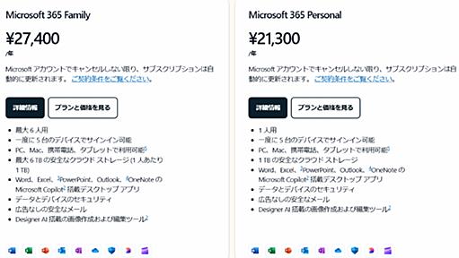 個人向け「Microsoft 365」にCopilot統合で30～40％値上げ