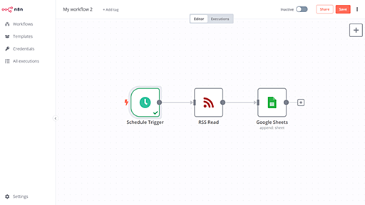 IFTTTやZapierのように複数アプリを連携して自動化できる「n8n」で「RSSで取得したウェブサイトのタイトル＆URLをGoogle スプレッドシートに出力する」というワークフローを組んでみた