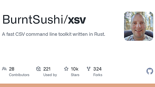 BurntSushi/xsv · GitHub - A fast CSV toolkit written in Rust.