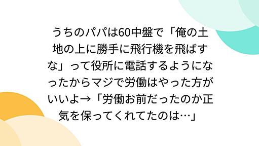 うちのパパは60中盤で「俺の土地の上に勝手に飛行機を飛ばすな」って役所に電話するようになったからマジで労働はやった方がいいよ→「労働お前だったのか正気を保ってくれてたのは…」