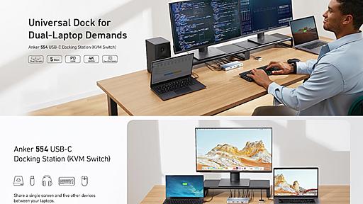 米Anker、ボタン1つで2台のMac/PCからの映像出力とキーボード＆マウス操作を切り替えられるCPU切替器「Anker 553/554 USB-C Docking Station (KVM Switch)」を発売。