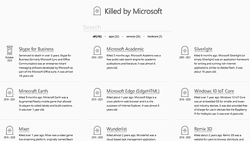 Microsoftが終わらせたサービス・製品の墓場「Microsoft Graveyard」