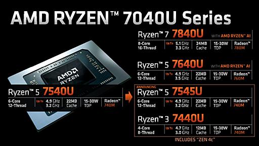 AMD、小さくて高効率なZen 4cが入ったモバイルCPU「Ryzen 5 7545U」、「Ryzen 3 7440U」