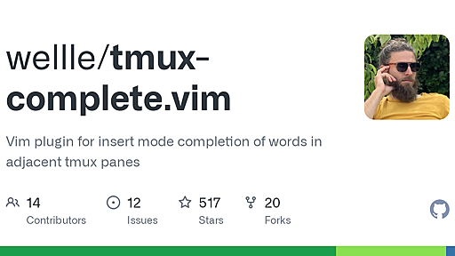 GitHub - wellle/tmux-complete.vim: Vim plugin for insert mode completion of words in adjacent tmux panes