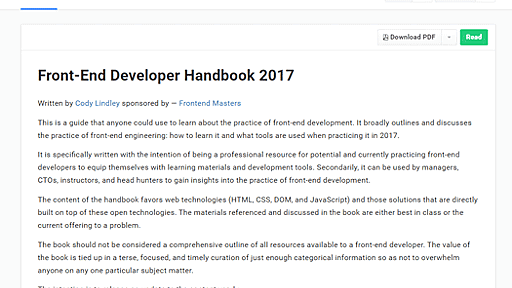 「Front-End Developer Handbook 2017」がGitBookで無償公開。フロントエンドデベロッパーに求められるさまざまなスキル、要素技術、ツールなどを幅広く紹介する一冊